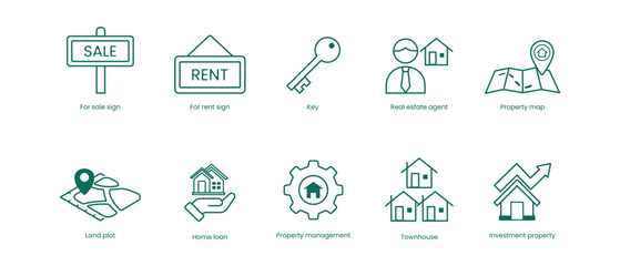 Real Estate Vector Icon Set: For Sale Sign, For Rent Sign, Key, Real Estate Agent, Property Map, Land Plot, Home Icon, Home Loan, Property Management, Townhouse, Investment Property
