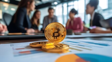 Collaborative Financial Analysis in Modern Office - Diverse Team Discussing Bitcoin Coin and Report