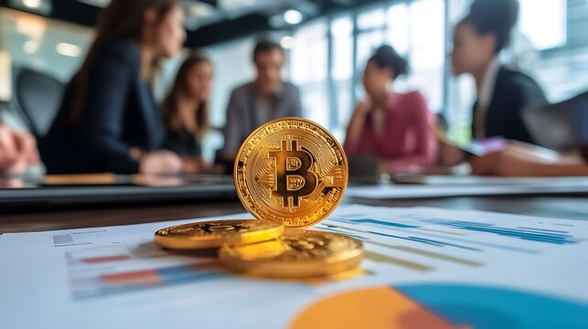 Collaborative Financial Analysis in Modern Office - Diverse Team Discussing Bitcoin Coin and Report