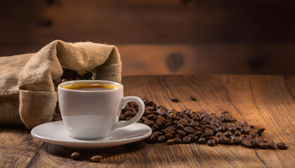 A white coffee cup with a white saucer sits on a table with a bag of coffee beans