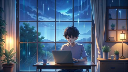 Lofi animation scene of a nerdy anime boy wokring on his laptop in the cozy room.  created using AI