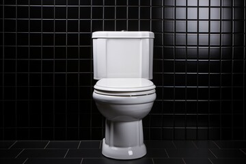 White toilet against a backdrop of black tiles