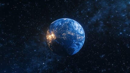 Naklejka premium A blue planet with a bright light on it. The planet is surrounded by stars
