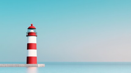 Solitary red and white lighthouse overlooking calm blue ocean under clear sky © artem