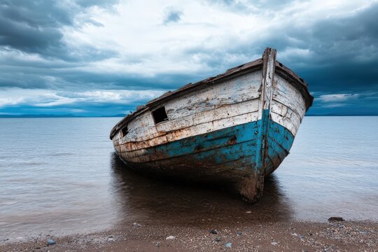 An old, rustic boat rests on a calm shore beneath a dramatic, cloudy sky, epitomizing tranquility and the passage of time in a beautiful natural setting.