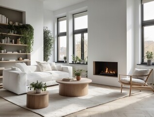 Modern living room interior with white couch, fireplace, and wooden furniture