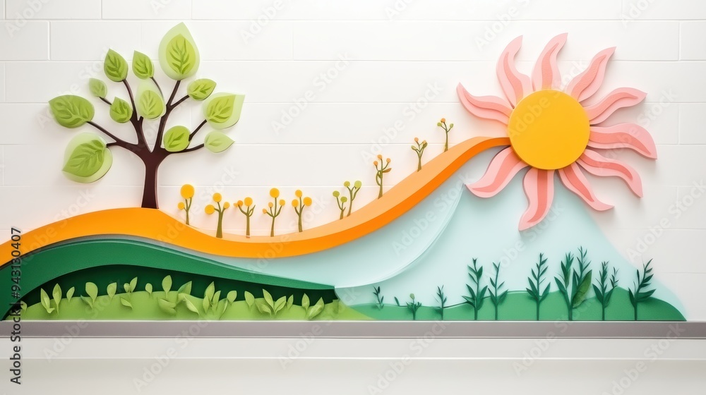 Canvas Prints A colorful, interactive infographic illustrating the process of photosynthesis, displayed on a classroom wall.