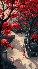 Bombax ceiba trees full of red flower surrounded park illustration poster background