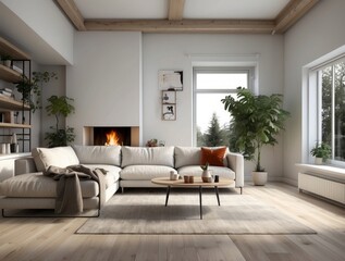 Fototapeta premium Modern Living Room with Fireplace and Sectional Sofa