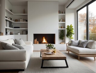 Modern Living Room with White Couch, Fireplace, and Floor-to-Ceiling Windows