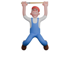 Artistic Professional Male. An artist looks serious doing a pull up with a paintbrush. 3D Painter Cartoon