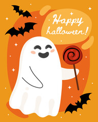 Halloween greeting card. Cute cartoon ghost, spirit. Happy halloween! Cute little ghost with red candy. Bats, orange background.	