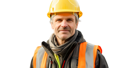 Portrait of successful builder wearing hard hat and safety vest standing on transparent background PNG.