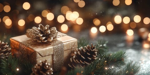 christmas and new year background - gift boxes and pine cones and branches on the background of bokeh garlands