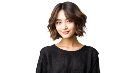Portrait of happy asian woman smiling, posing confident, cross arms on chest isolated on transparent background. 

