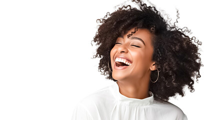 Beautiful african american girl with an afro hairstyle smiling isolated on transparent background PNG. 
