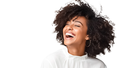 Beautiful african american girl with an afro hairstyle smiling isolated on transparent background PNG. 

