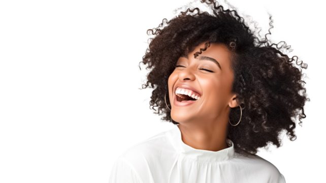 Beautiful african american girl with an afro hairstyle smiling isolated on transparent background PNG. 
 - Powered by Adobe