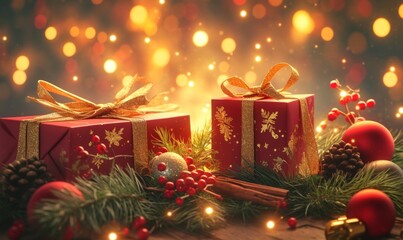 Festive Winter Wonderland: Enchanting Watercolor Holiday Scene with Gift Boxes, Pine Cones, and Twinkling Bokeh. Magical Christmas and New Year Celebration Background for Greeting Cards, Web Design, a