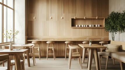 A restaurant with wooden tables and chairs, and a potted plant in the corner
