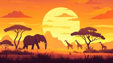 African savanna landscape with acacia trees, elephant and giraffe silhouettes on a flat background.
