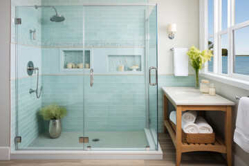A beach-themed bathroom with sea glass tiles, a glass shower, and nautical decor