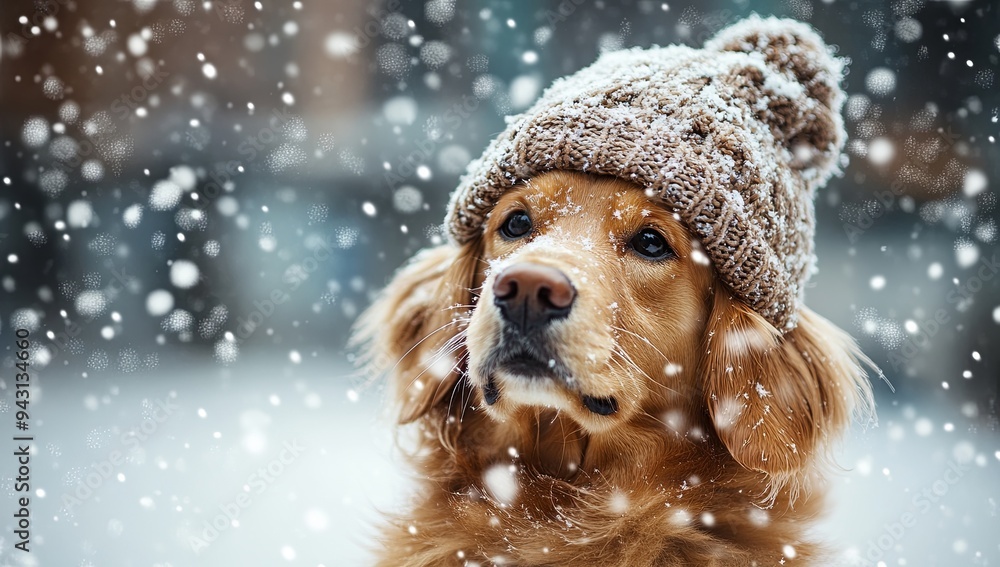 Sticker Adorable Dog in a Winter Hat Under Snowfall