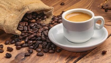 A white coffee cup with a white saucer sits on a table with a bag of coffee beans