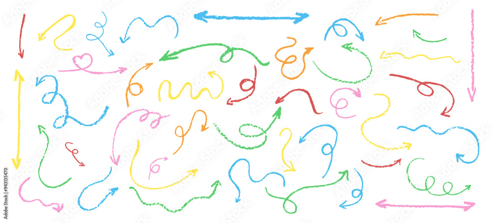 Poster set of children hand drawn crayon arrows. collection of abstract color pastel curved pointers. fun w