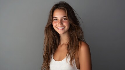 Naklejka premium A teenage woman in a simple white gala dress poses relaxedly, smiling at the camera with her long, slightly curled hair in front of a gray studio background.