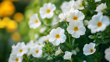 Fototapeta premium White miniature coastal petunias in full bloom, close up shot, blurred background of a garden setting. High resolution photo with a bokeh effect