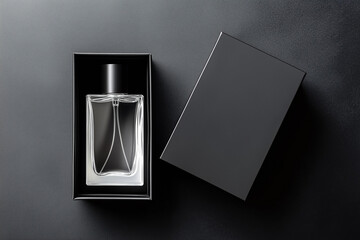 Elegant perfume bottle in sleek black box, exuding sophistication and luxury.