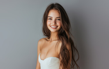 Fototapeta premium A teenage woman in a simple white gala dress poses relaxedly, smiling at the camera with her long, slightly curled hair in front of a gray studio background.