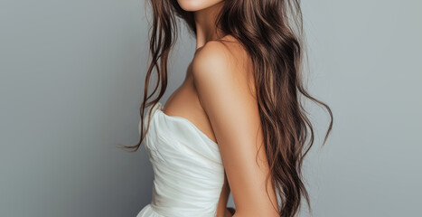 Naklejka premium A teenage woman in a simple white gala dress poses relaxedly, smiling at the camera with her long, slightly curled hair in front of a gray studio background.