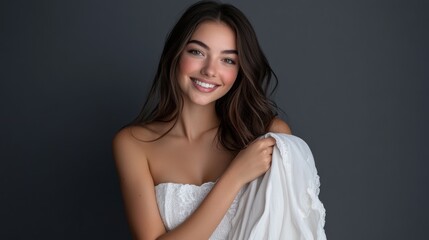 Naklejka premium A teenage woman in a simple white gala dress poses relaxedly, smiling at the camera with her long, slightly curled hair in front of a gray studio background.
