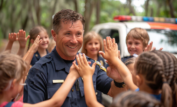 Police officer engages with children during school open house near patrol vehicle