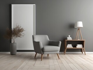 Minimalist Living Room Interior with Grey Armchair and Empty Frame