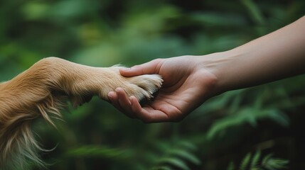 Tender Moment Between Human Hand and Dog Paw Outdoors