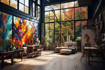 Obraz premium A contemporary artist's studio with large canvases, a variety of paints, and natural light