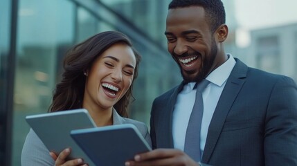 Business colleagues sharing a laugh over a tablet. Male executive and young female employee.Joyful Corporate Collaboration: Diverse Business Team Laughing Over Tablet. Modern Office Culture Showcasing