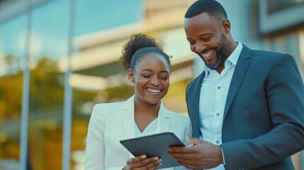 Joyful Corporate Collaboration: Diverse Business Team Laughing Over Tablet. Modern Office Culture Showcasing Inclusivity, Teamwork, and Technology Integration. Elegant Minimalist Design for Marketing 