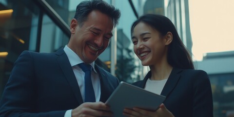 Joyful Corporate Collaboration: Diverse Business Team Laughing Over Tablet. Modern Office Culture Showcasing Inclusivity, Teamwork, and Technology Integration. Elegant Minimalist Design for Marketing 