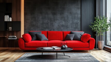 A red couch sits in front of a black wall