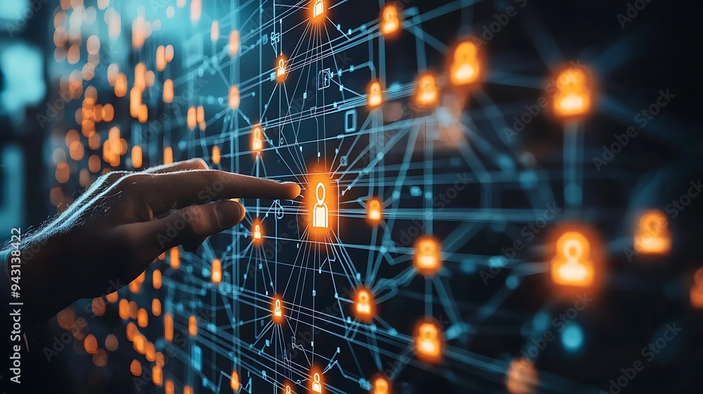 Poster a digital network connection is brought to life as a hand points at a profile icon on a glowing scre