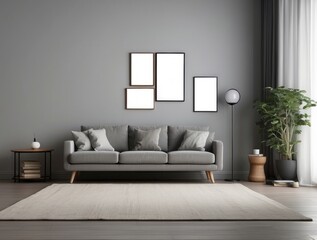 Minimalist Living Room with Grey Sofa and Blank Frames