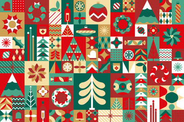 Scandinavian style Christmas seamless pattern. A postcard for the New Year's Eve holiday. Snowflakes, ornaments and Christmas trees. Retro clean conceptual design. Vector illustration © andrei