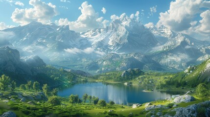 A small, clear lake in a mountain valley, surrounded by green forests and majestic peaks, with a partly cloudy sky above.