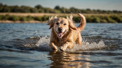 Golden retriever dog running in water on sunny day