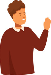 Young man is waving his hand and smiling happily