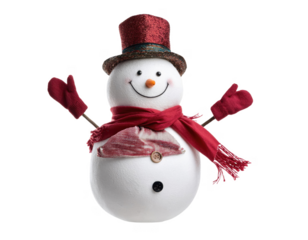 Cheerful snowman adorned with a sparkly top hat, red scarf cut out transparent isolated on white background PNG
